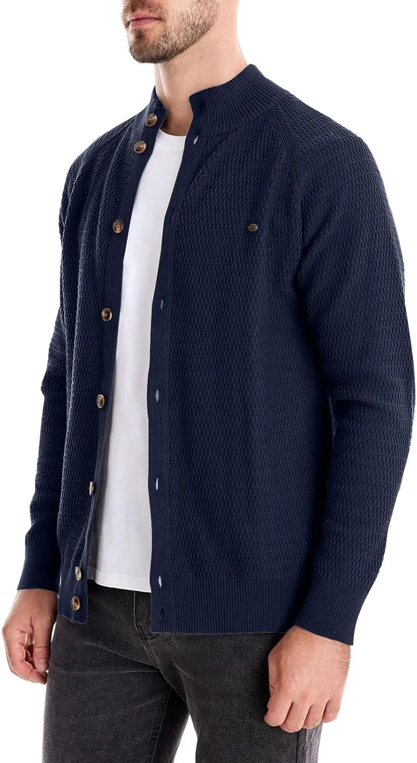 Mens Button Down Cardigan Casual Knit Sweater Stand Collar Long Sleeve Sweater Lightweight Open Front Cardigan