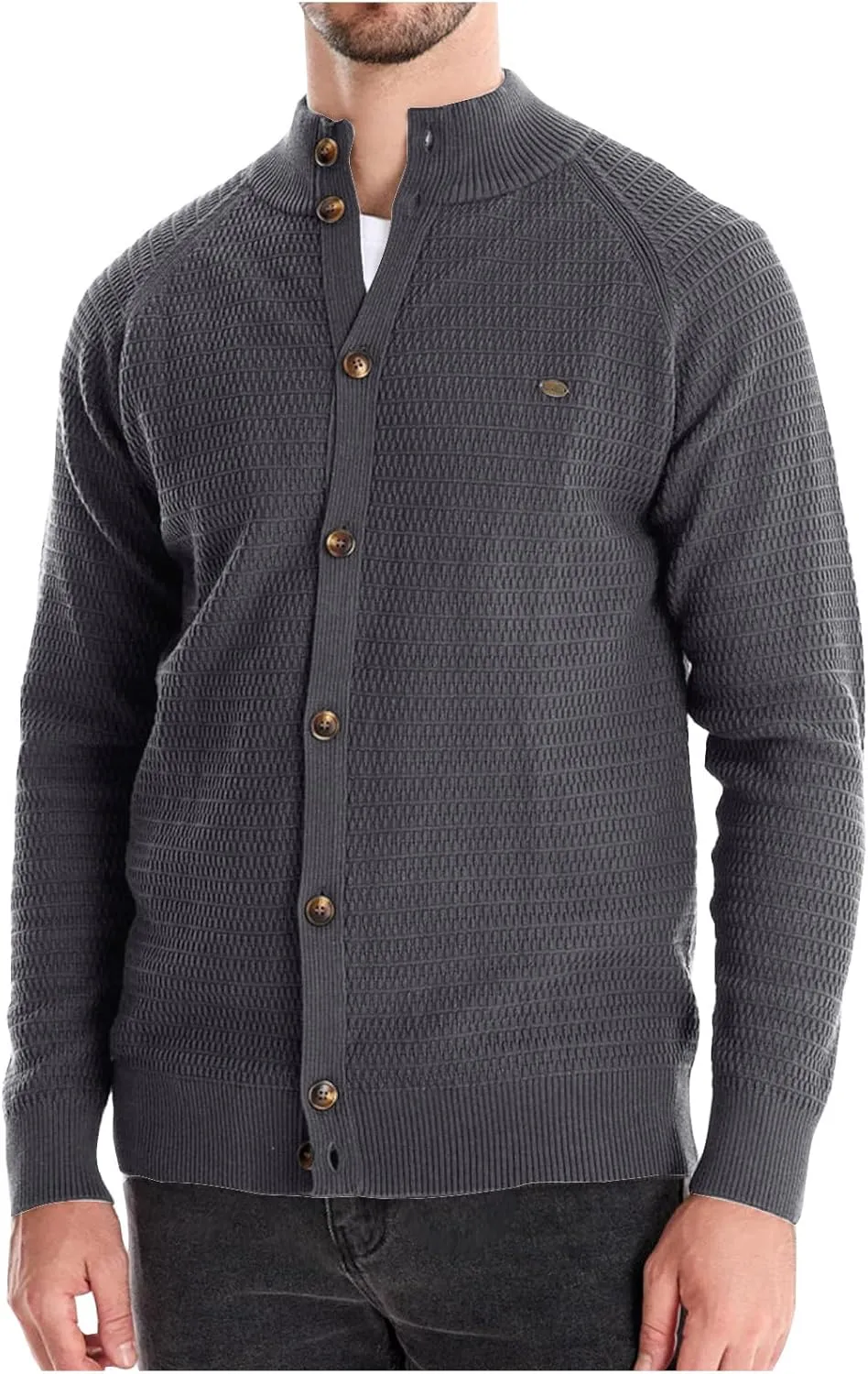 Mens Button Down Cardigan Casual Knit Sweater Stand Collar Long Sleeve Sweater Lightweight Open Front Cardigan