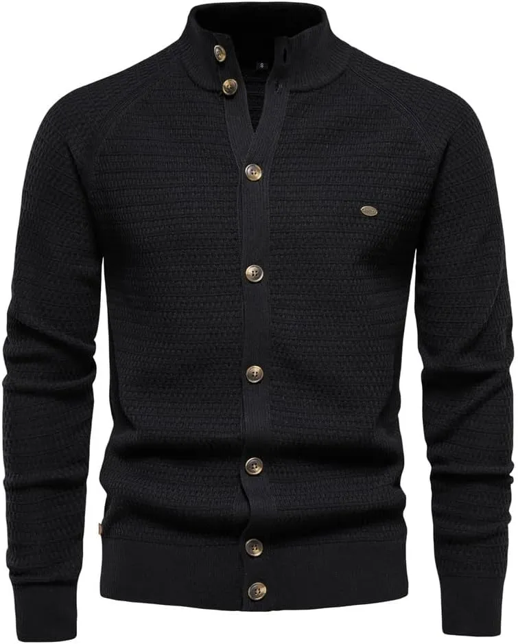 Mens Button Down Cardigan Casual Knit Sweater Stand Collar Long Sleeve Sweater Lightweight Open Front Cardigan