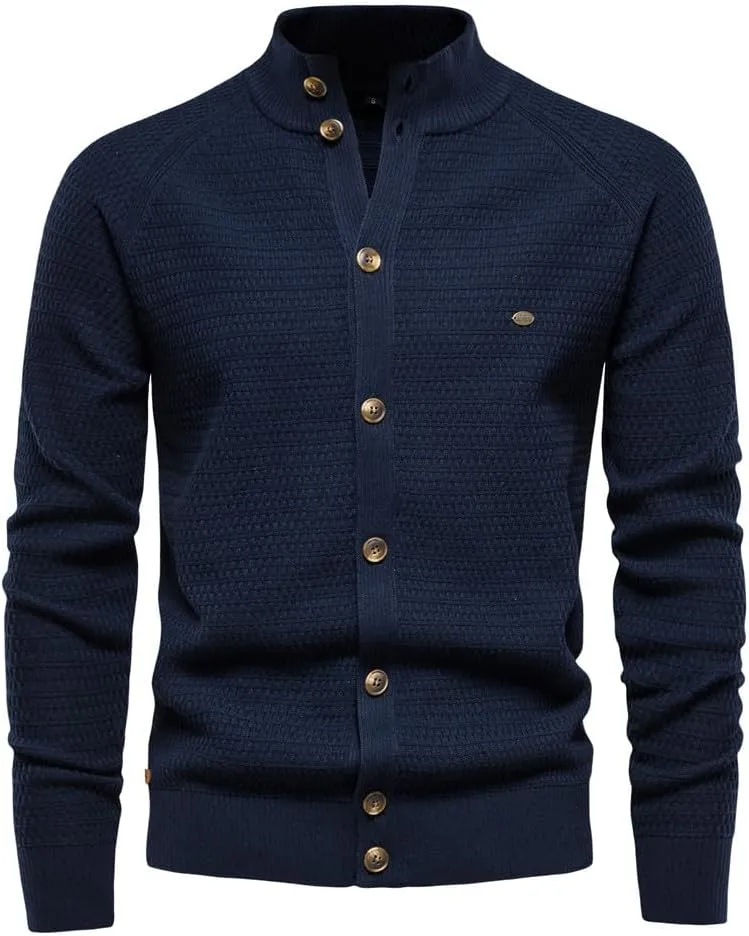Mens Button Down Cardigan Casual Knit Sweater Stand Collar Long Sleeve Sweater Lightweight Open Front Cardigan