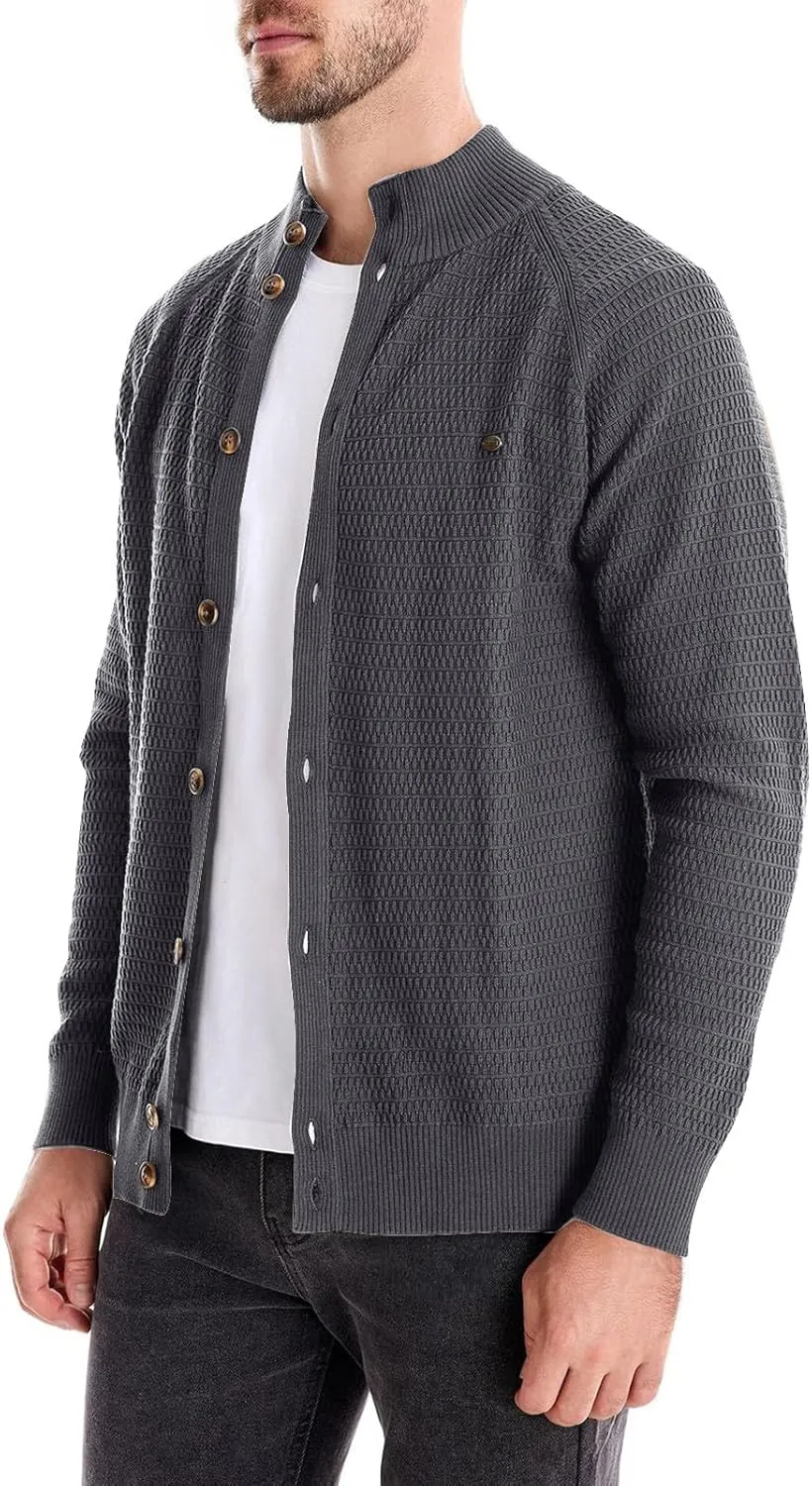 Mens Button Down Cardigan Casual Knit Sweater Stand Collar Long Sleeve Sweater Lightweight Open Front Cardigan