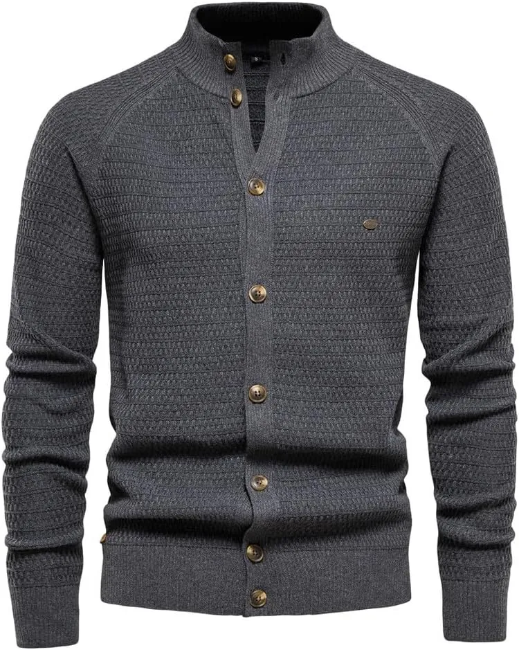 Mens Button Down Cardigan Casual Knit Sweater Stand Collar Long Sleeve Sweater Lightweight Open Front Cardigan