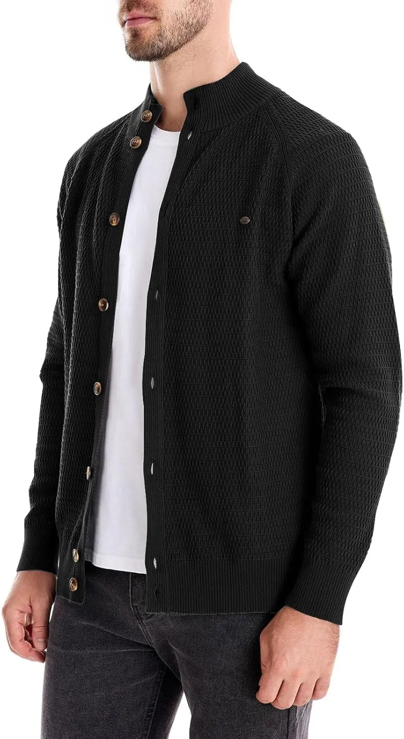 Mens Button Down Cardigan Casual Knit Sweater Stand Collar Long Sleeve Sweater Lightweight Open Front Cardigan