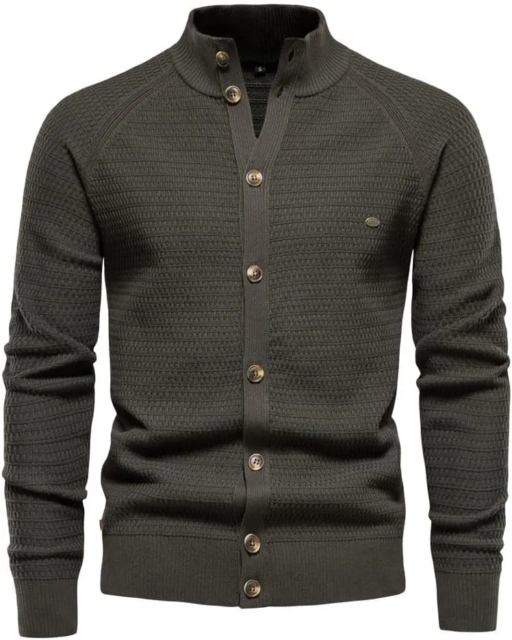 Mens Button Down Cardigan Casual Knit Sweater Stand Collar Long Sleeve Sweater Lightweight Open Front Cardigan