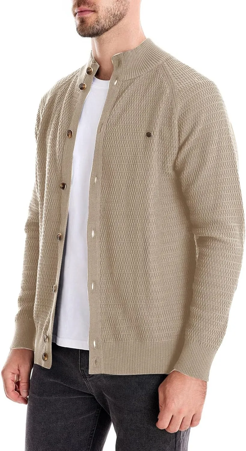 Mens Button Down Cardigan Casual Knit Sweater Stand Collar Long Sleeve Sweater Lightweight Open Front Cardigan