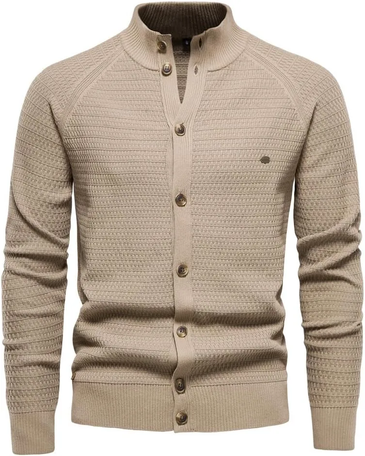 Mens Button Down Cardigan Casual Knit Sweater Stand Collar Long Sleeve Sweater Lightweight Open Front Cardigan