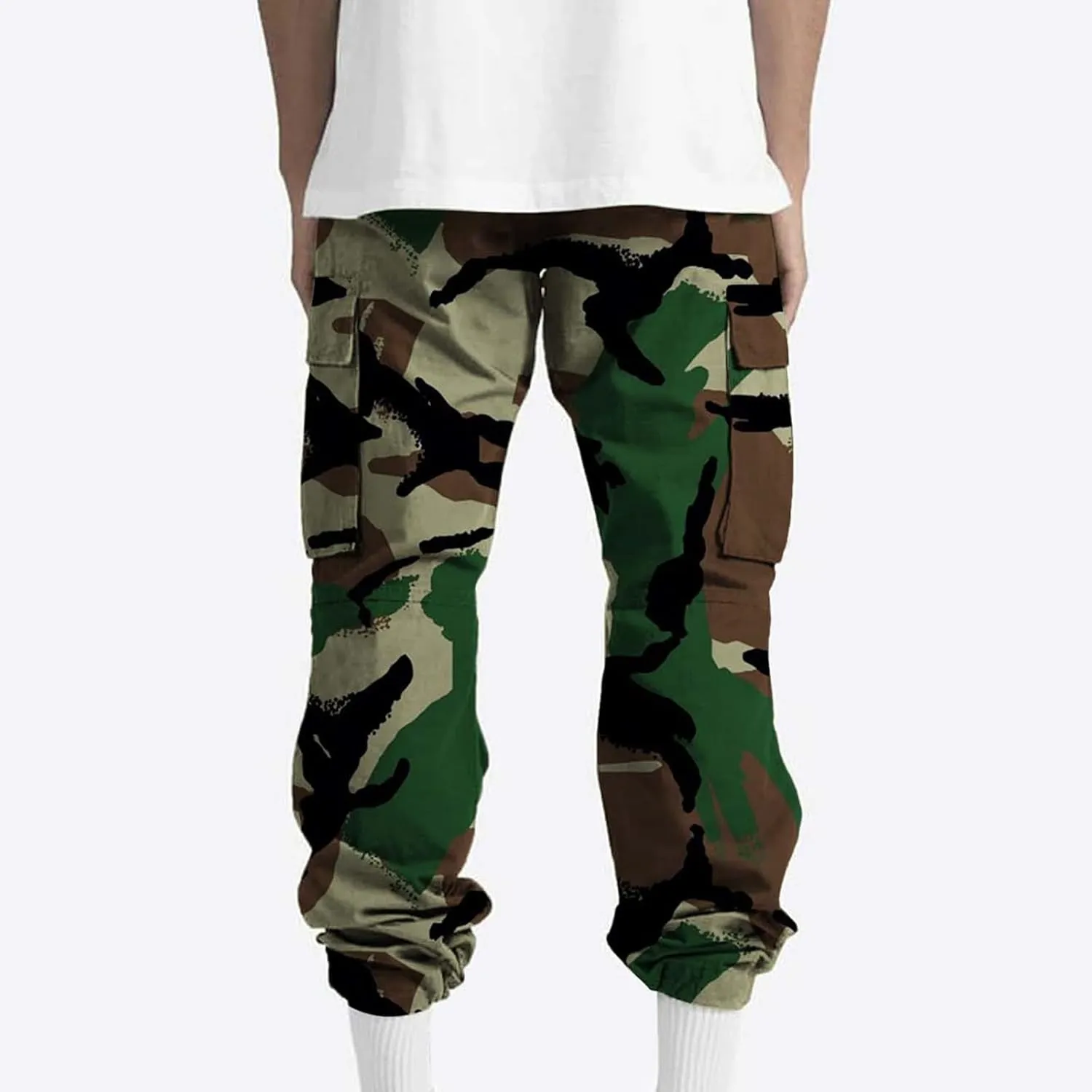 Mens Camo Cargo Pants Elastic Drawstring Waist Wide Leg Trousers Baggy Casual Workout Multipockets Joggers Sweatpants