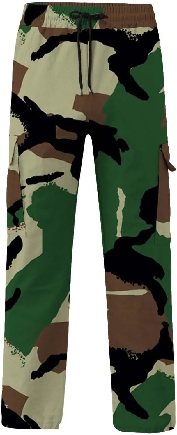 Mens Camo Cargo Pants Elastic Drawstring Waist Wide Leg Trousers Baggy Casual Workout Multipockets Joggers Sweatpants