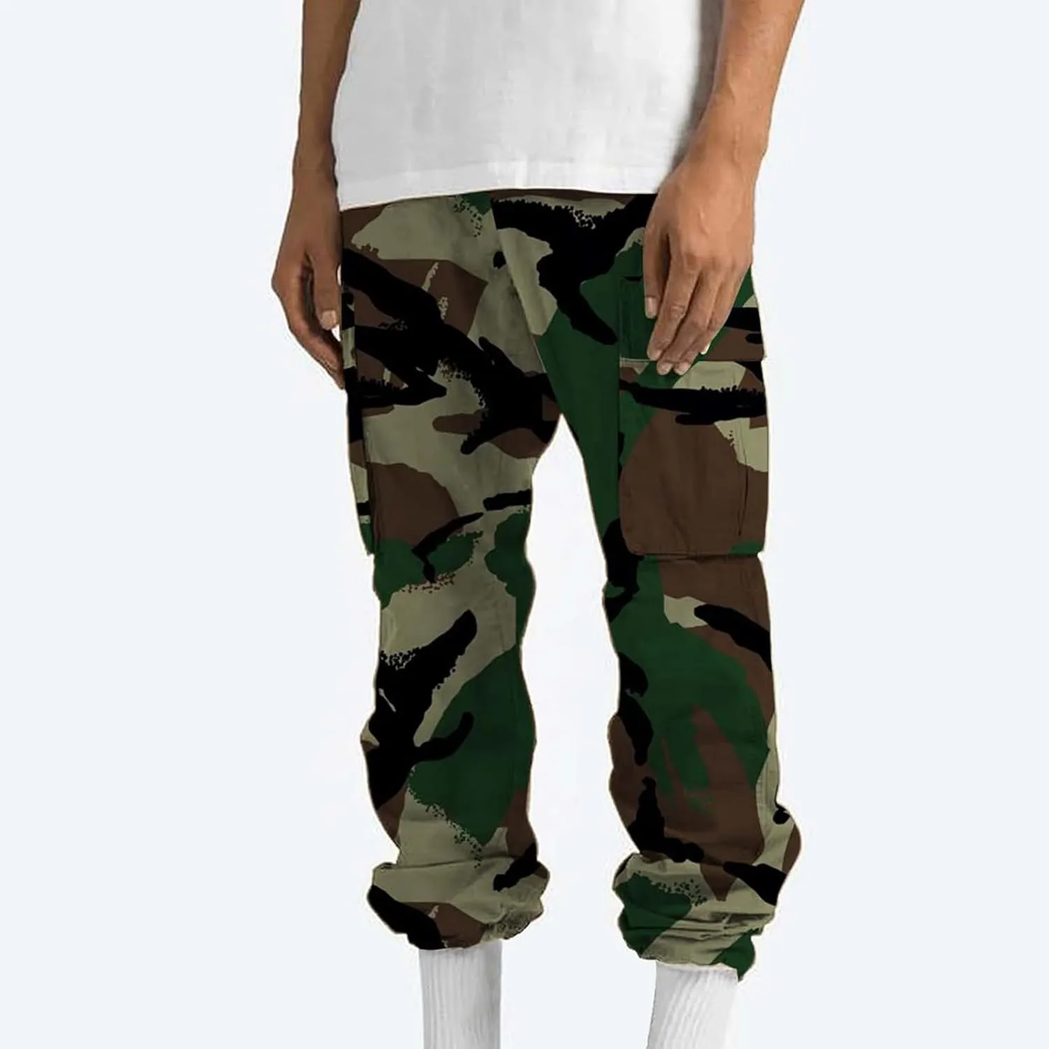 Mens Camo Cargo Pants Elastic Drawstring Waist Wide Leg Trousers Baggy Casual Workout Multipockets Joggers Sweatpants
