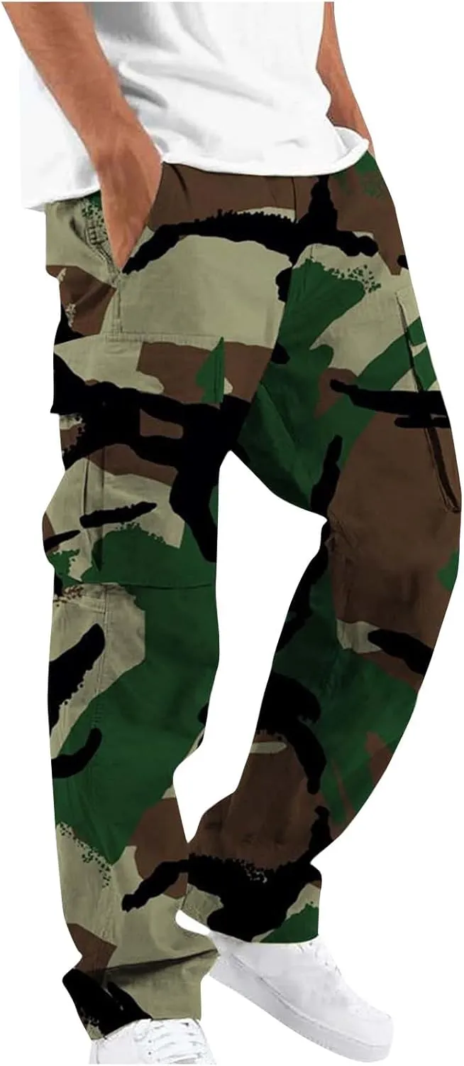 Mens Camo Cargo Pants Elastic Drawstring Waist Wide Leg Trousers Baggy Casual Workout Multipockets Joggers Sweatpants