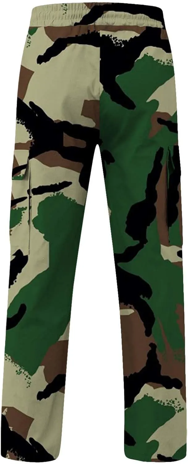 Mens Camo Cargo Pants Elastic Drawstring Waist Wide Leg Trousers Baggy Casual Workout Multipockets Joggers Sweatpants