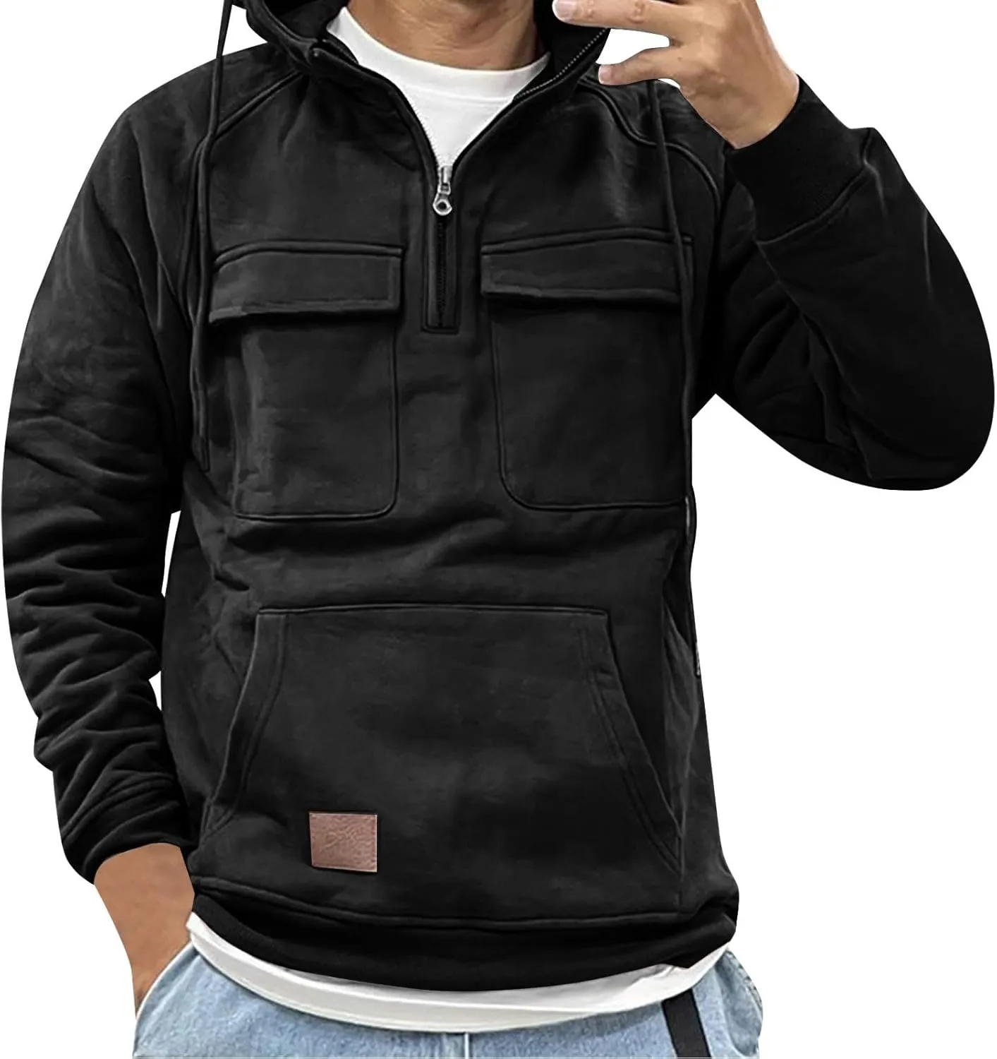 Men's Camo Hoodie Long Sleeve Quarter Zip Pullover Tactical Jacket Sweatshirt with Pocket
