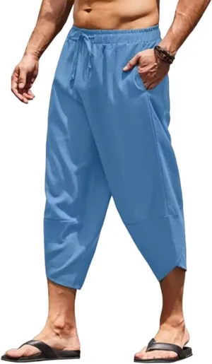 Men's Capri Pants Lightweight Casual Linen Pants Drawstring Elastic Waist with Pockets for Beach Yoga Casual Wear