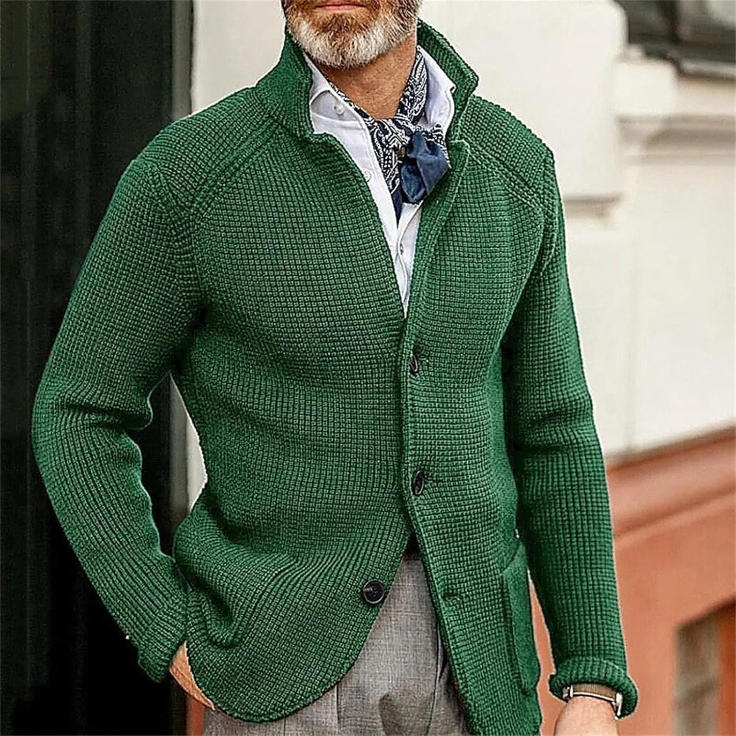 Mens Cardigan Sweater Mens Patchwork Wool Blended Shawl Collar Cardigan Sweater Button Down with Pockets