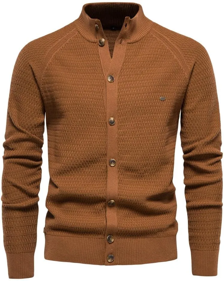 Men's Cardigan Sweaters Textured Button Down Sweater Open Front Cardigan Stand Collar Jacket Long Sleeve Cardigan