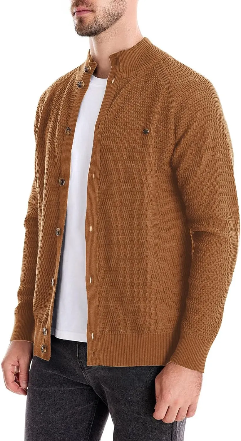 Men's Cardigan Sweaters Textured Button Down Sweater Open Front Cardigan Stand Collar Jacket Long Sleeve Cardigan