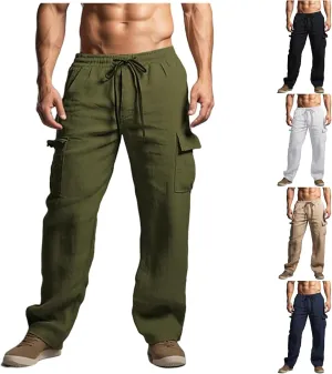 Men's Cargo Linen Pants Lightweight Casual Elastic Waist Joggers Long Pants Drawstring with Pockets Fit for Outdoors