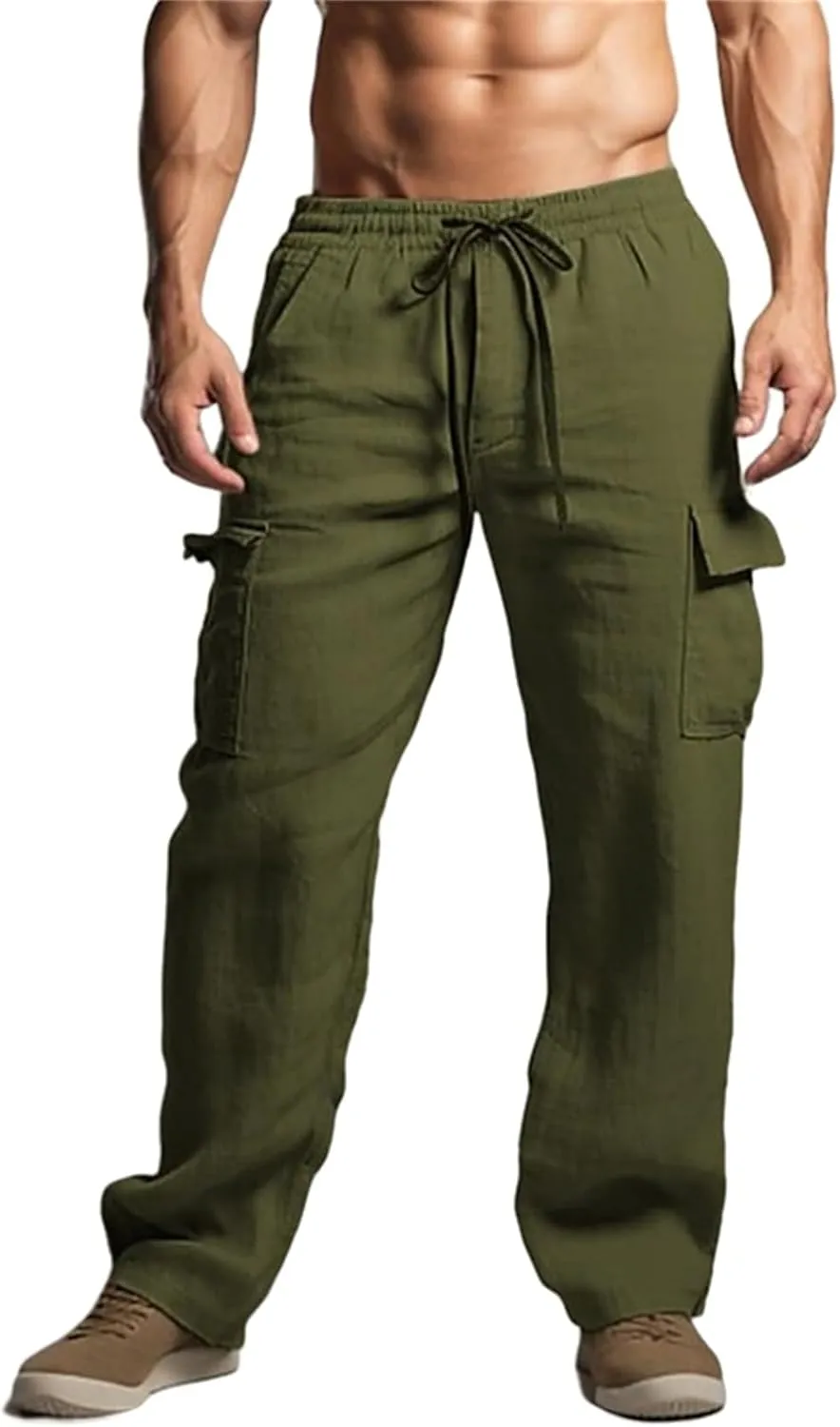 Men's Cargo Linen Pants Lightweight Casual Elastic Waist Joggers Long Pants Drawstring with Pockets Fit for Outdoors