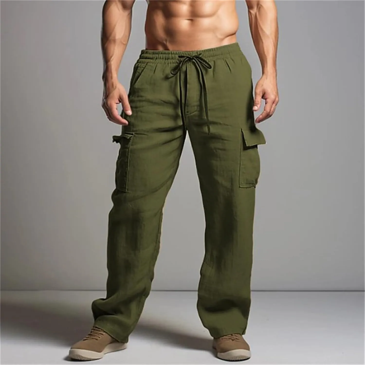 Men's Cargo Linen Pants Lightweight Casual Elastic Waist Joggers Long Pants Drawstring with Pockets Fit for Outdoors