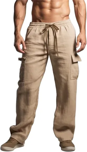 Men's Cargo Linen Pants Lightweight Casual Elastic Waist Joggers Long Pants Drawstring with Pockets Fit for Outdoors