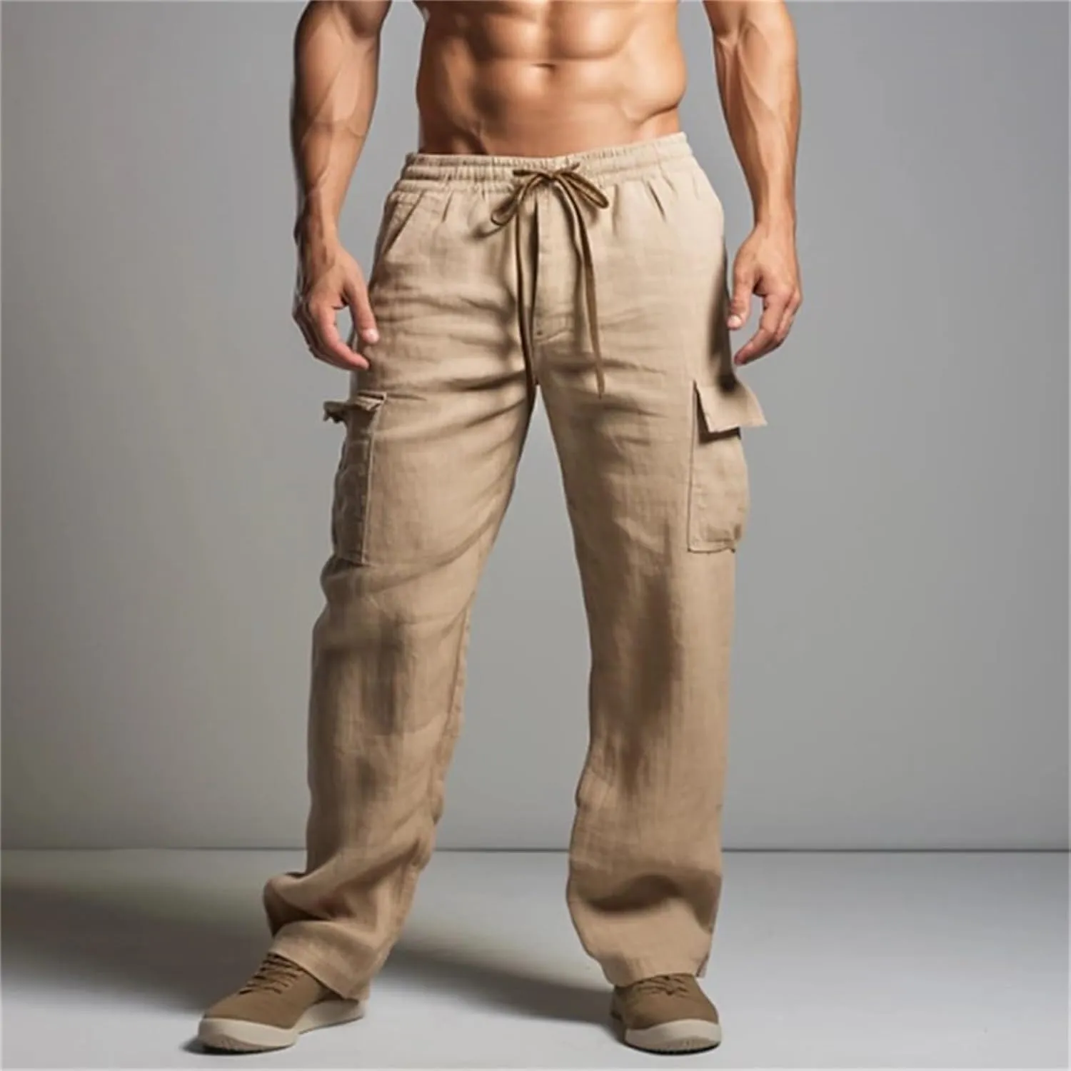 Men's Cargo Linen Pants Lightweight Casual Elastic Waist Joggers Long Pants Drawstring with Pockets Fit for Outdoors