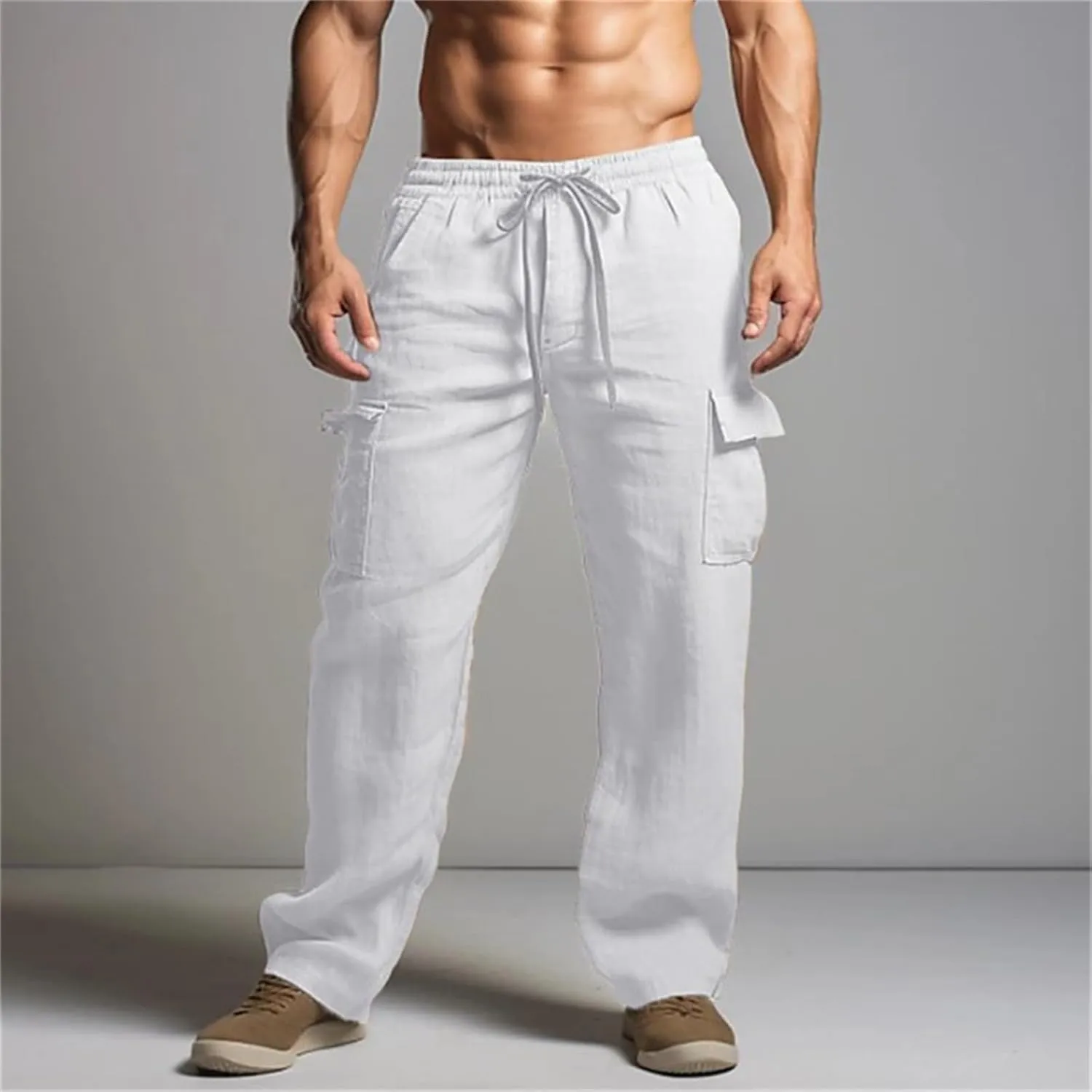 Men's Cargo Linen Pants Lightweight Casual Elastic Waist Joggers Long Pants Drawstring with Pockets Fit for Outdoors