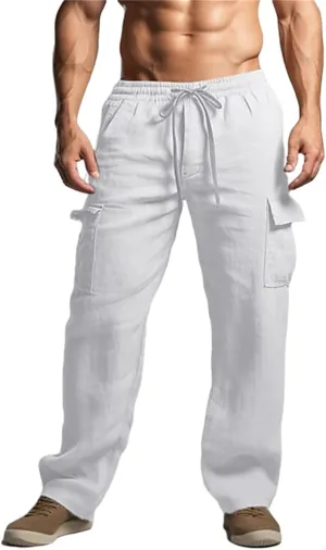 Men's Cargo Linen Pants Lightweight Casual Elastic Waist Joggers Long Pants Drawstring with Pockets Fit for Outdoors