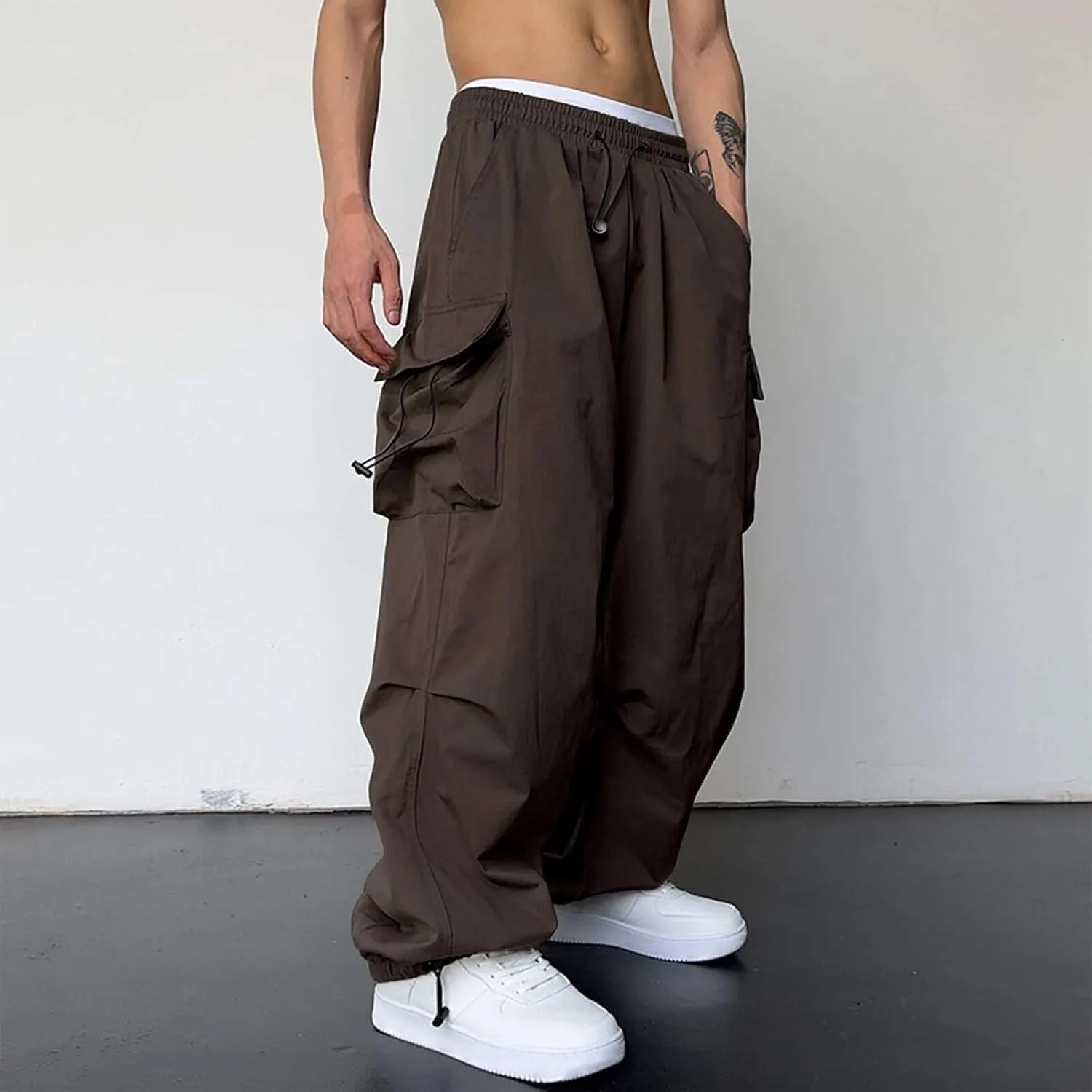Men's Cargo Pants Baggy Parachute Pants Stylish Casual Loose Fit Y2K Streetwear Drawstring Elastic Waist Long Trousers