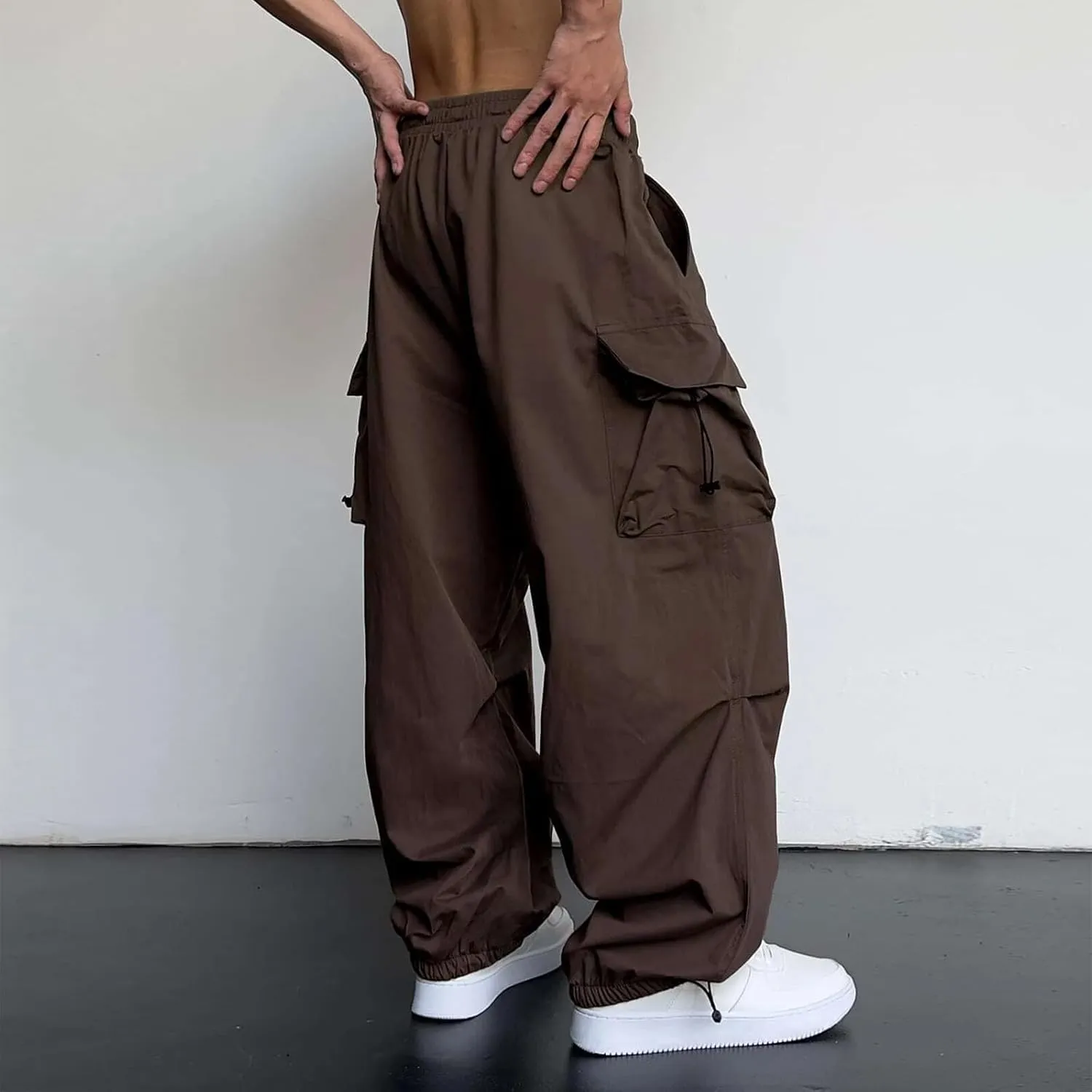 Men's Cargo Pants Baggy Parachute Pants Stylish Casual Loose Fit Y2K Streetwear Drawstring Elastic Waist Long Trousers
