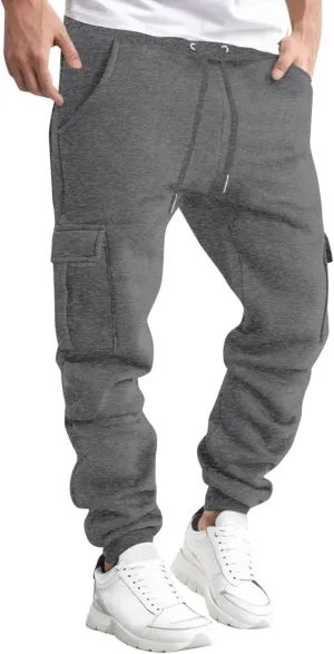 Men's Cargo Pants Fleece Sweatpants Joggers Hiking Pants Drawstrings Elastic Waist with Pockets for Outdoor Workout Casual