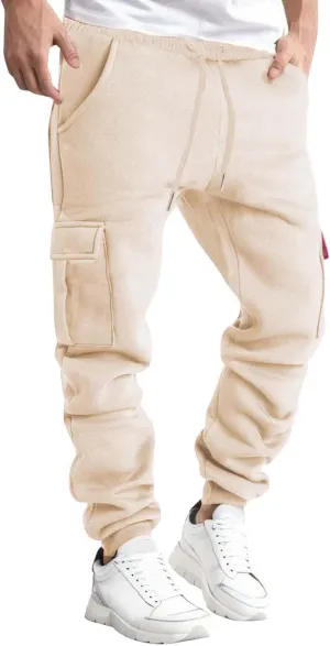 Men's Cargo Pants Fleece Sweatpants Joggers Hiking Pants Drawstrings Elastic Waist with Pockets for Outdoor Workout Casual