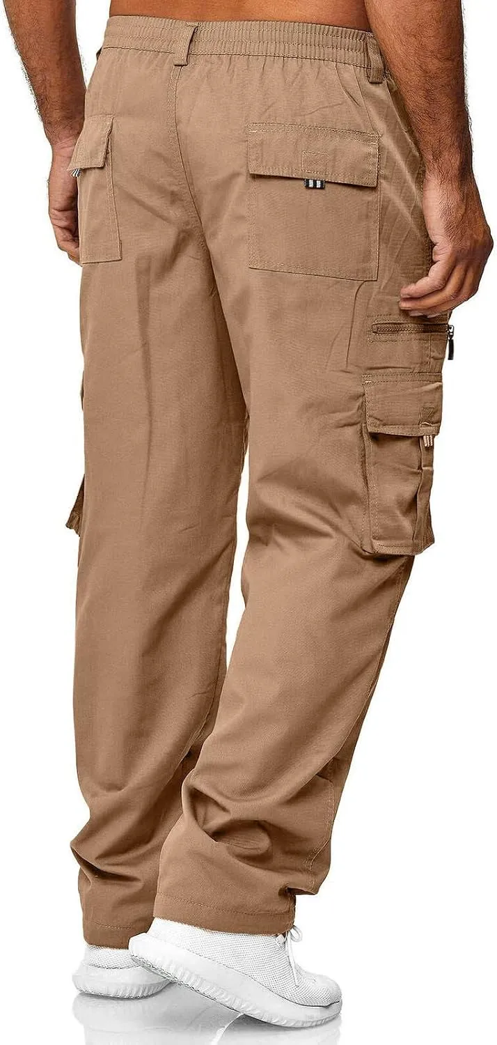 Mens Cargo Trousers,Elastic Waistband Straight Leg Pants Casual Midweight Slacks Basic Low Rise Bottoms for Men