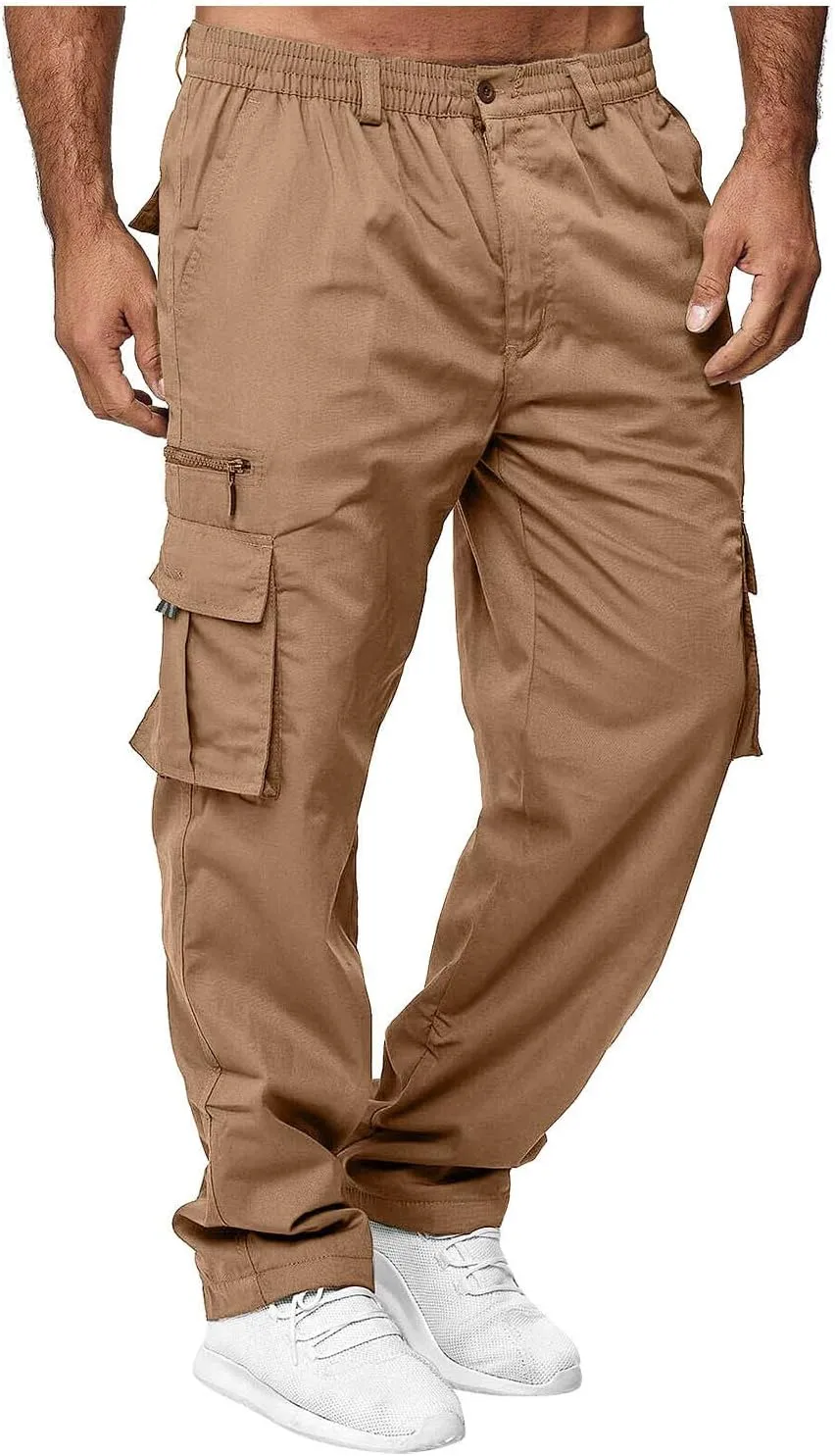 Mens Cargo Trousers,Elastic Waistband Straight Leg Pants Casual Midweight Slacks Basic Low Rise Bottoms for Men