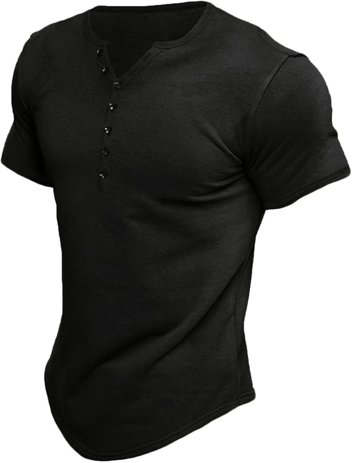 Men's Casual Button Cotton T Shirts Short Sleeve V-Neck Slim Fit Stretch Solid Shirt Classic Basic Pullover Tops