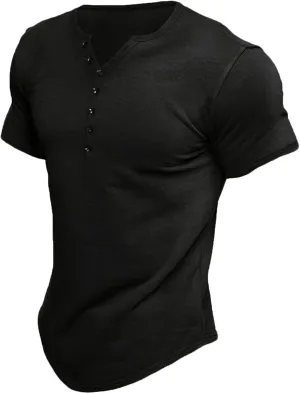 Men's Casual Button Cotton T Shirts Short Sleeve V-Neck Slim Fit Stretch Solid Shirt Classic Basic Pullover Tops