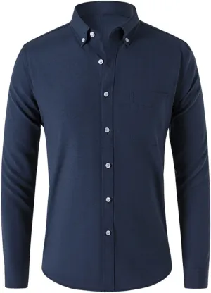 Mens Casual Button Down Cardigan Shirt Solid Color Oxford Fabric Long Sleeve Shirts Slim Fit Lapel Top with Pocket