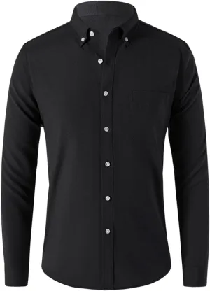 Mens Casual Button Down Cardigan Shirt Solid Color Oxford Fabric Long Sleeve Shirts Slim Fit Lapel Top with Pocket