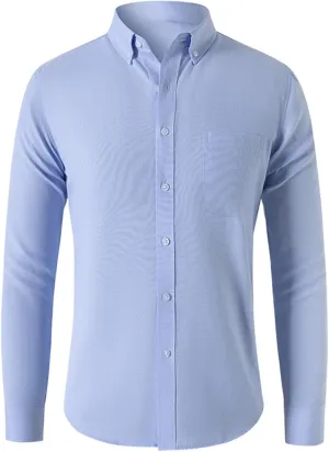 Mens Casual Button Down Cardigan Shirt Solid Color Oxford Fabric Long Sleeve Shirts Slim Fit Lapel Top with Pocket
