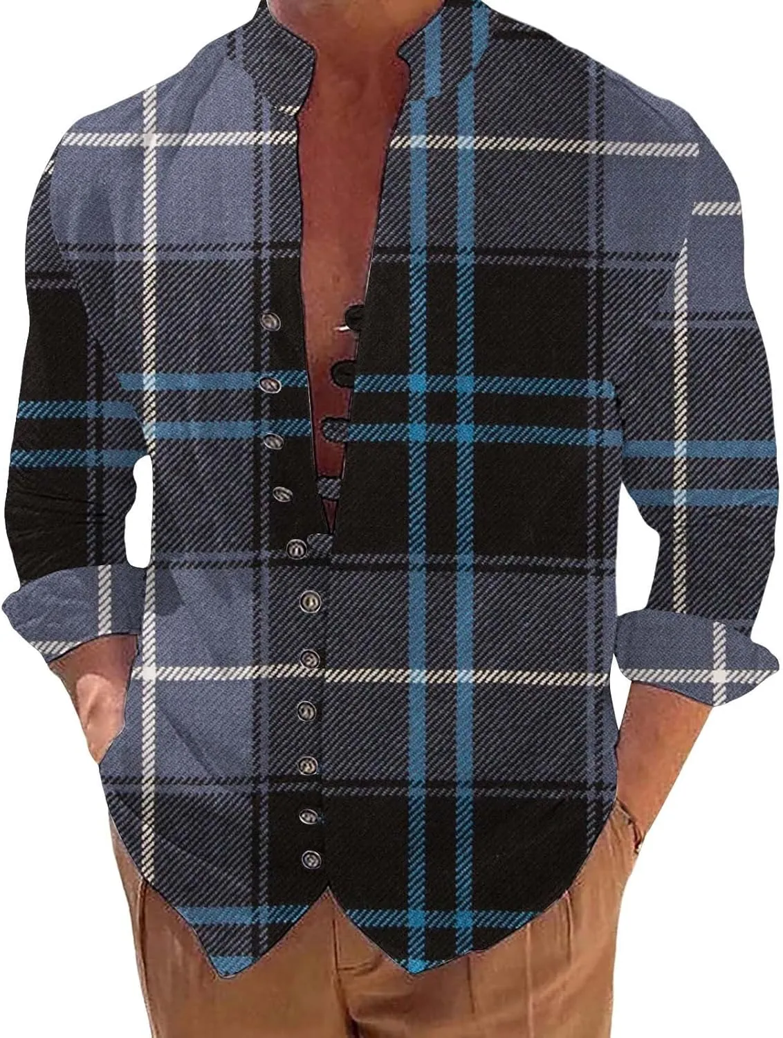 Mens Casual Button Down Shirts Lightweight Flannel Plaid Shirt Jacket Stretch Long Sleeve Checkered Business Shirts