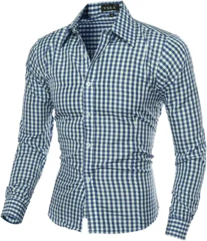 Mens Casual Button Down Western Plaid Snap Work Shirts Poplin Slim Fit Long Sleeves Cowboy Checkered Shirts