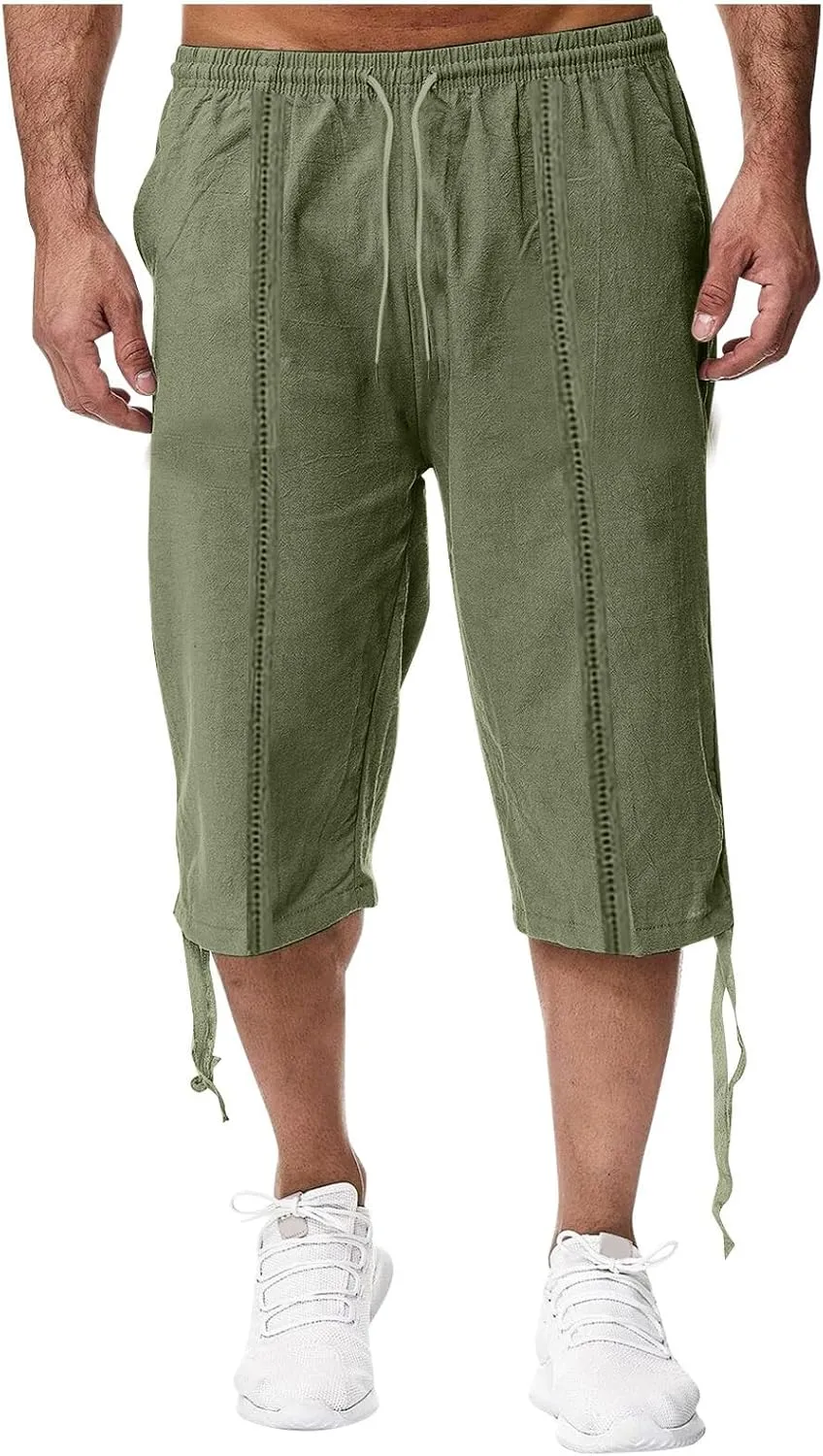 Mens Casual Cotton Linen Pants Elastic Waist Drawstring Straight Sweatpants Summer Beach Pants