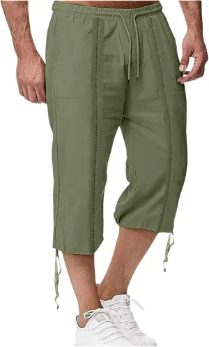 Mens Casual Cotton Linen Pants Elastic Waist Drawstring Straight Sweatpants Summer Beach Pants
