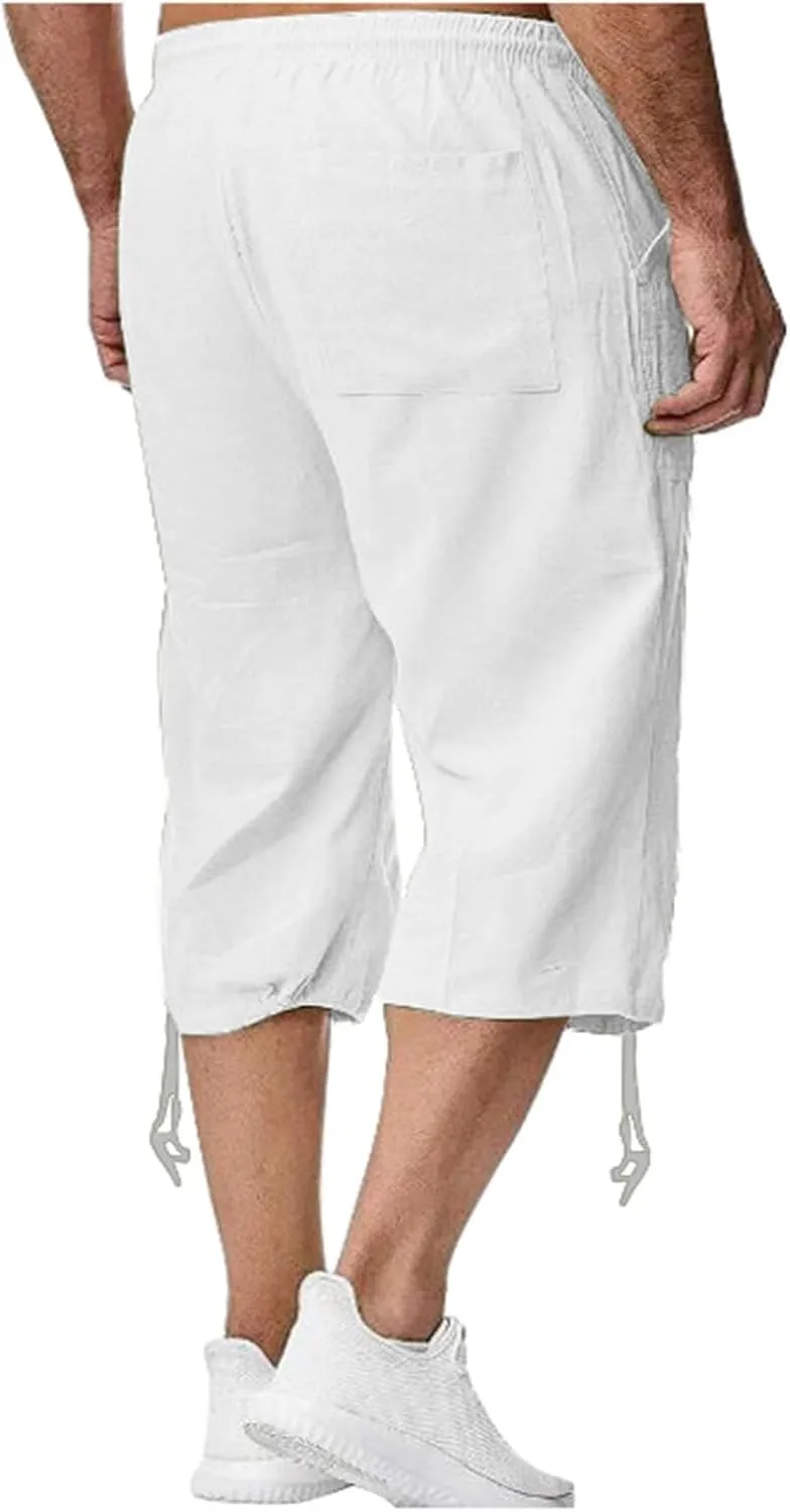 Mens Casual Cotton Linen Pants Elastic Waist Drawstring Straight Sweatpants Summer Beach Pants