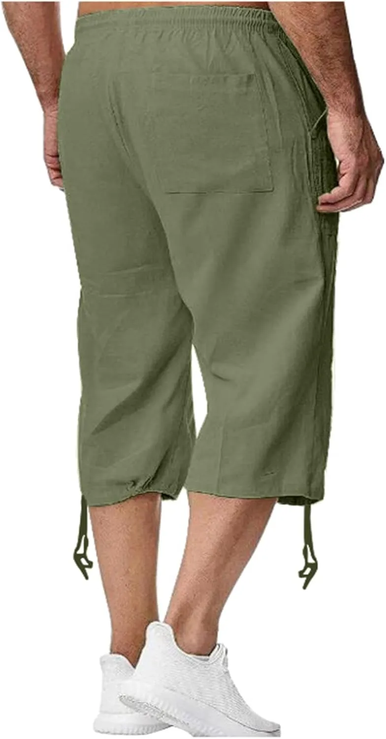 Mens Casual Cotton Linen Pants Elastic Waist Drawstring Straight Sweatpants Summer Beach Pants