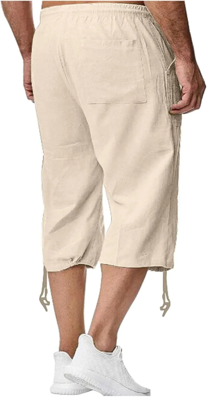 Mens Casual Cotton Linen Pants Elastic Waist Drawstring Straight Sweatpants Summer Beach Pants