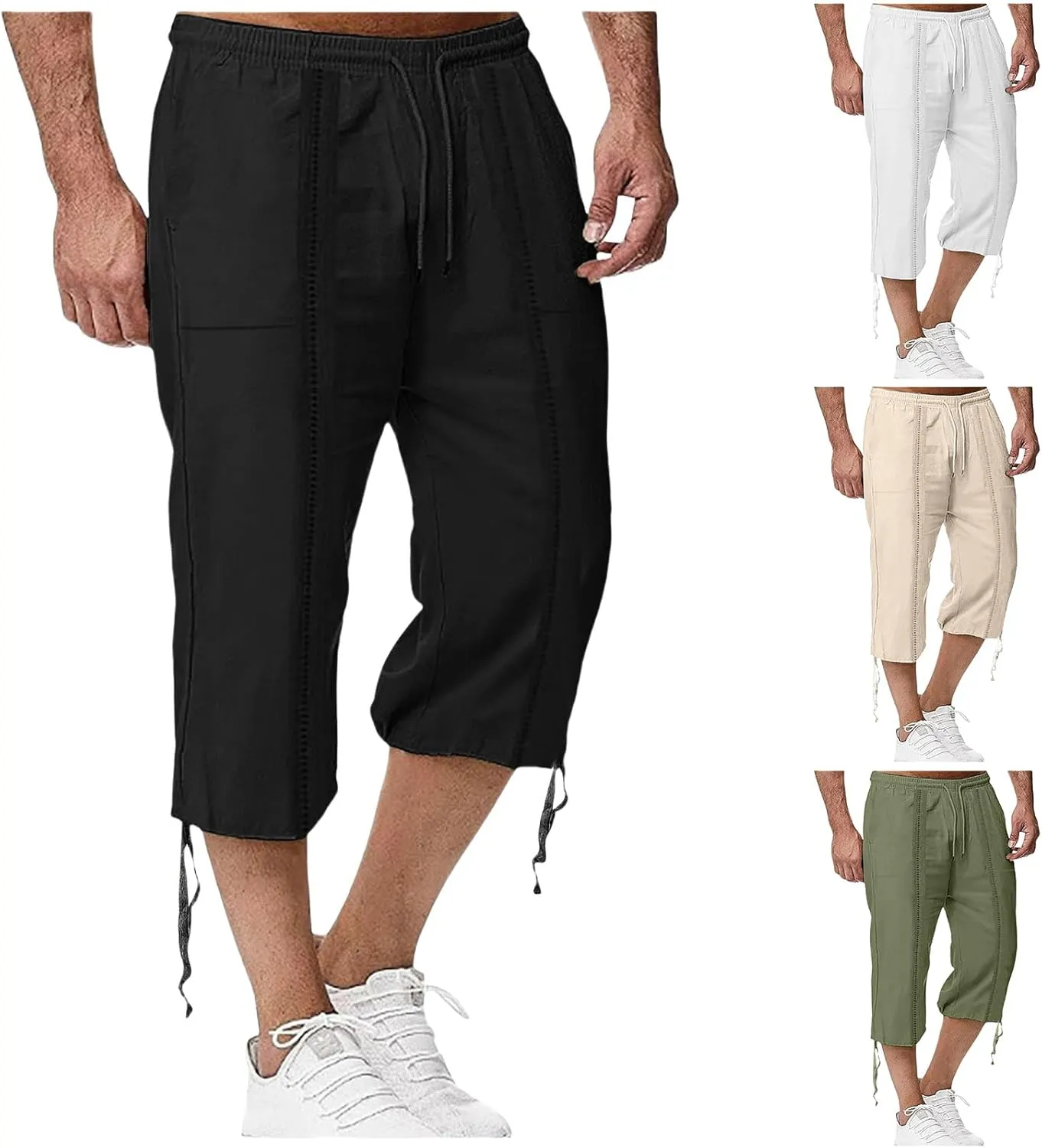 Mens Casual Cotton Linen Pants Elastic Waist Drawstring Straight Sweatpants Summer Beach Pants