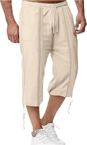 Mens Casual Cotton Linen Pants Elastic Waist Drawstring Straight Sweatpants Summer Beach Pants