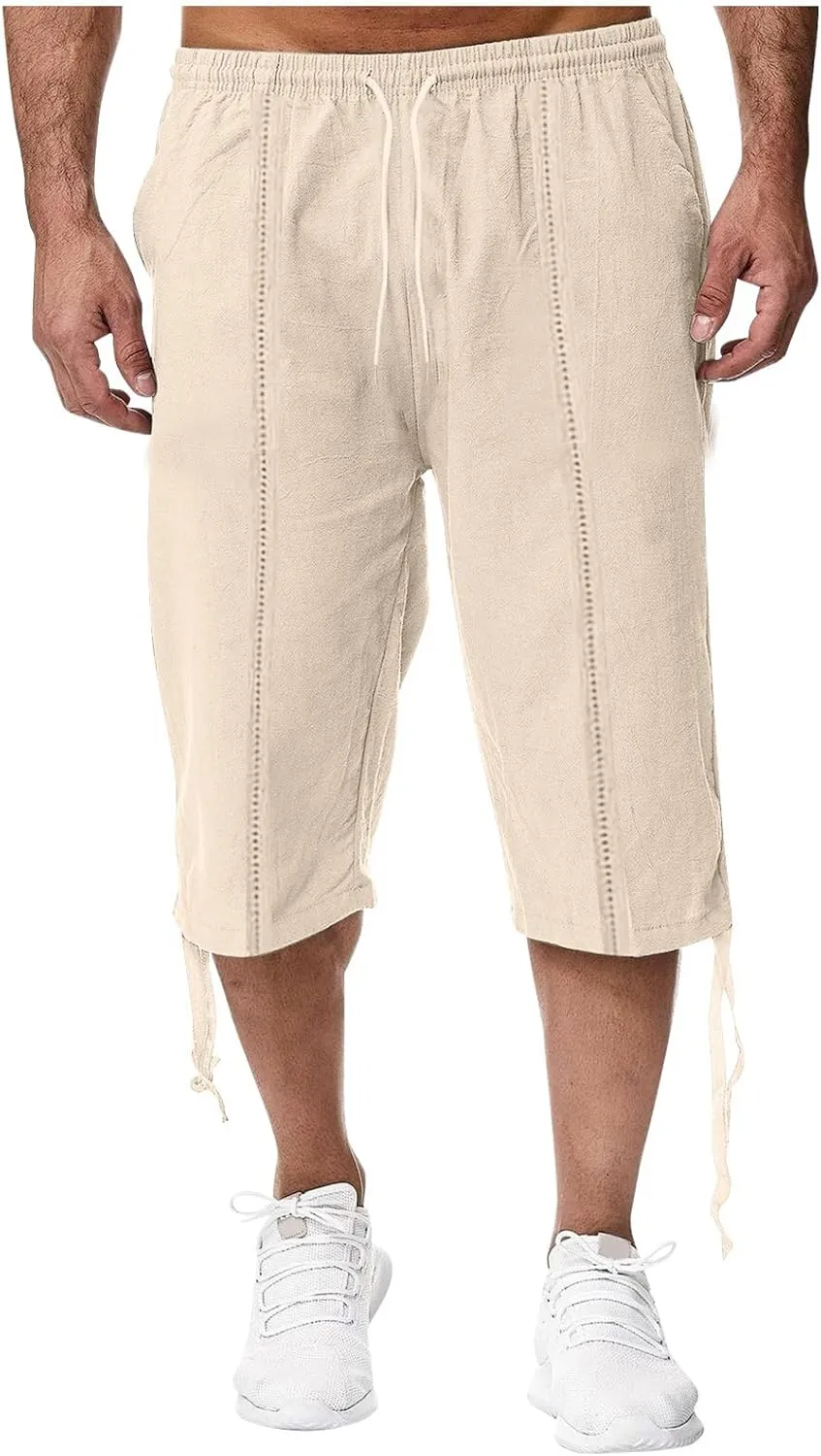 Mens Casual Cotton Linen Pants Elastic Waist Drawstring Straight Sweatpants Summer Beach Pants