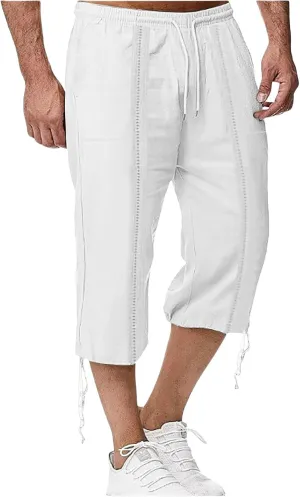 Mens Casual Cotton Linen Pants Elastic Waist Drawstring Straight Sweatpants Summer Beach Pants