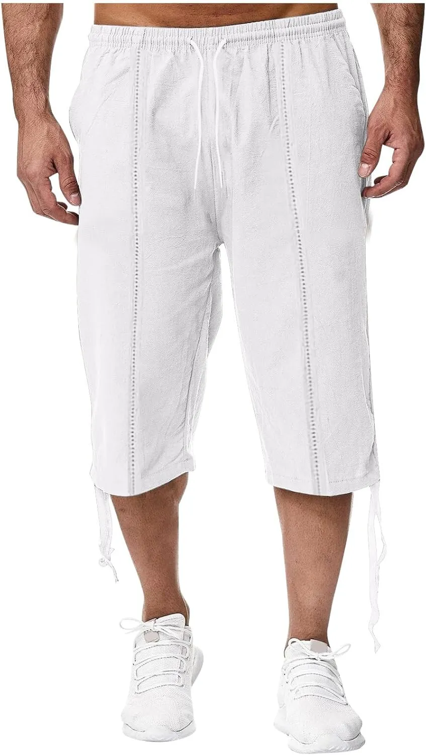 Mens Casual Cotton Linen Pants Elastic Waist Drawstring Straight Sweatpants Summer Beach Pants